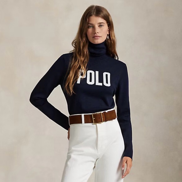 NWT Women’s Polo Ralph Lauren Logo Turtleneck Sweater in hunter navy, size large - Picture 12 of 15